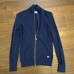 Wool BMW zip-up cardigan sweater.